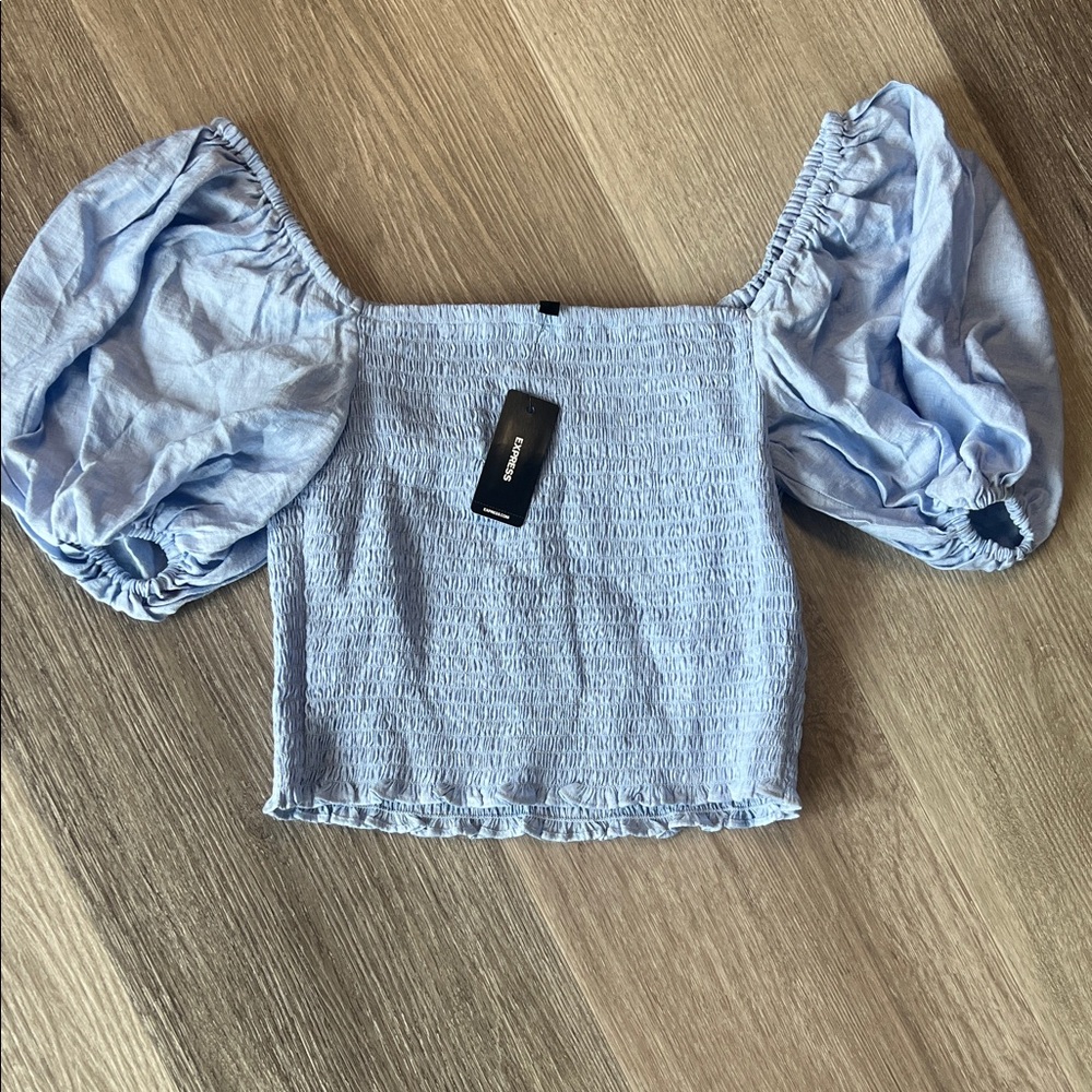Express RT: $54 Square Neck Puff Sleeve Smocked Top size XS Sky Blue - Picture 8 of 8